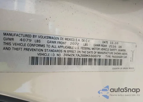 2011 Volkswagen Jetta 2.0L S z USA, uszkodzony, nr VIN 3VW2K7AJXBM330079